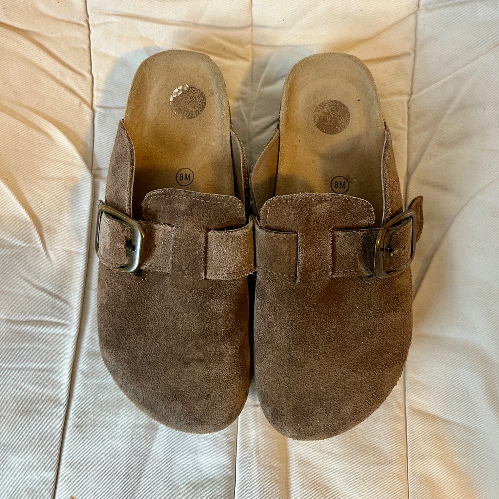 Brown Suede Buckle Clogs